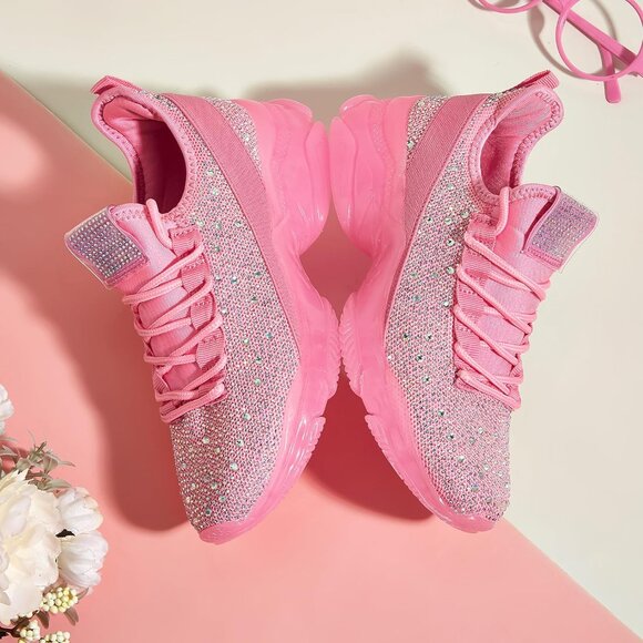 Women Pink Rhinestone Mesh Slip On Walking Breathable Sparkle Glitter Sneaker - Picture 8 of 8